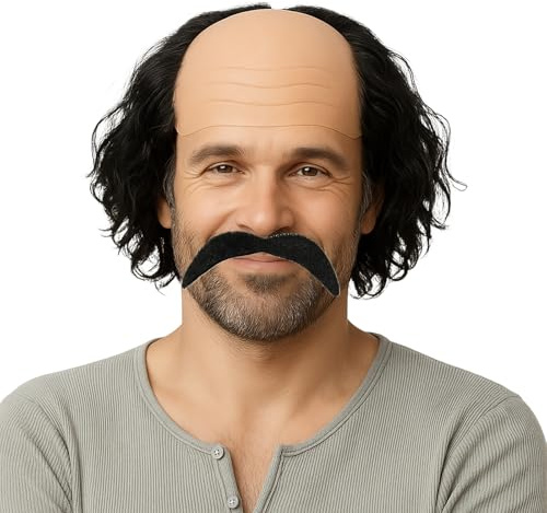 GWAWG Old Man Cosplay Kostüm, Realistische Perücke Glatze Hut mit Bart, Party Zubehör Glatze Mann Karneval Zubehör Halloween Zauberer Kleid