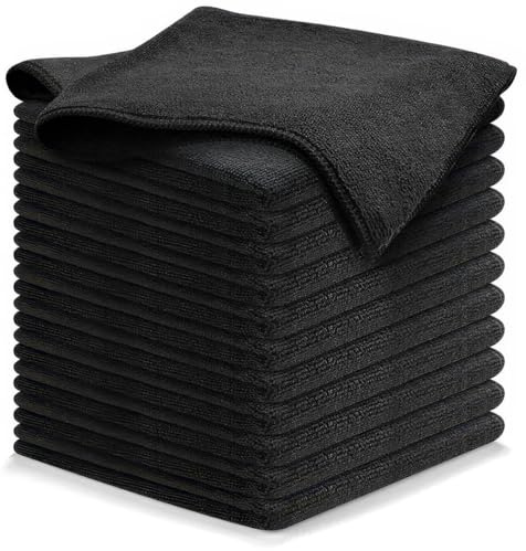 12 Piezas Paños Microfibra, 32 x 32 cm Súper Absorbente Bayetas Microfibra | Toalla Secado Coche, Reutilizables Paños de Limpieza de Microfibra, paños de Limpieza de Coche para Casa, Cocina, Negro