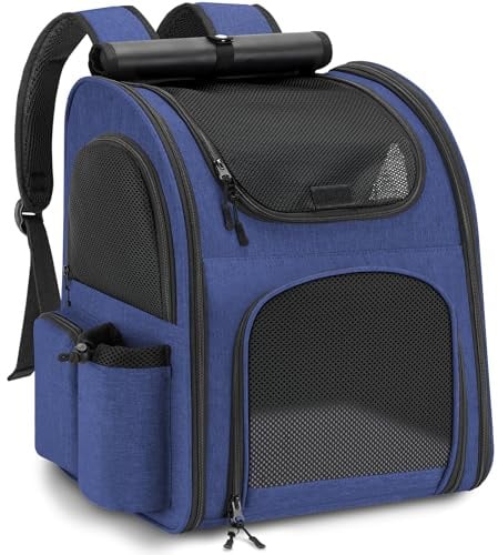 Hunderucksack bis 10kg, Katzenrucksack Hunde Rucksack,Blau | Netzfenster, Faltbar, Atmungsaktiv und Leicht, Innere Sicherheitsleine und Haustiermatte, Dog Cat Backpack bis 10kg
