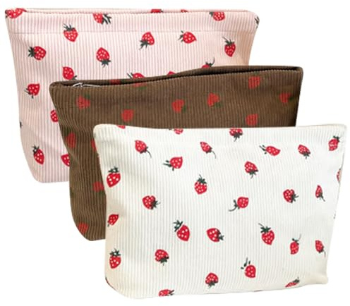 MLPKOI 3PCS Trousse de Toilette Voyage, Fraise Petite Trousse de Maquillage pour Sac à Main Trousse de Maquillage en Velours Côtelé Tissu Accessoires de Voyage Femmes