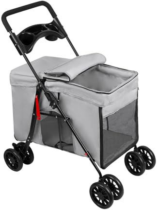 Homewell Hundewagen Faltbar, Haustiere Buggy mit Getränkehalter, Netzfenstern, Klappbar, Jogger Buggy für Haustiere, Katzenbuggy für kleine Hunde Katzen, bis 20 kg (Grau)