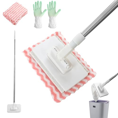 100cm NEU Wischmopp mit Druck Klemm System, Automatisches Klemmtuch, Automatische Demontage Auf Knopfdruck, Kein Händewaschen Nötig, Wischer Boden mit 10 Wiederverwendbare Mikrofasertücher Handschuhe