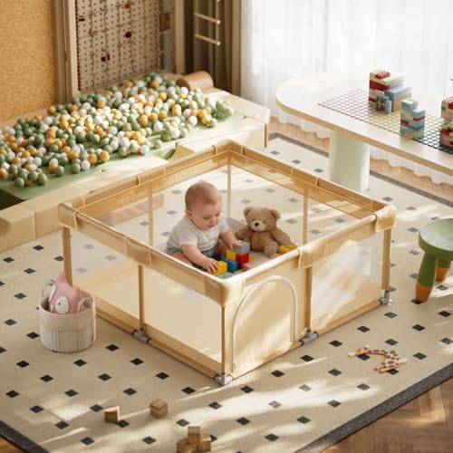 Koonmi Baby-Laufstall 150 x 180 cm, faltbares Laufgitter Orange | Atmungsaktives Netz mit Stoff und Saugnäpfen, faltbarer Spielbereich für Babys und Kleinkinder, innen und außen