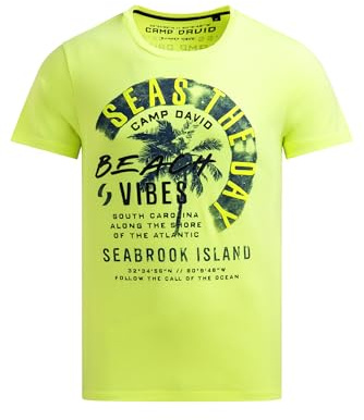 Camp David Herren T-Shirt Rundhals mit Label Prints 100% Baumwolle Regular Fit Kurzarm T-Shirt Artworks Neon Lime, M
