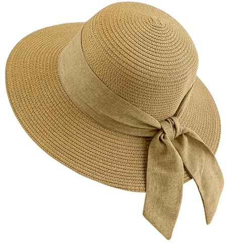 TIHNY Chapeau de Paille Femme Pliable, Chapeau de Soleil à Large Bord Protection UPF 50+, Capeline de Plage avec Nœud et Jugulaire Amovible