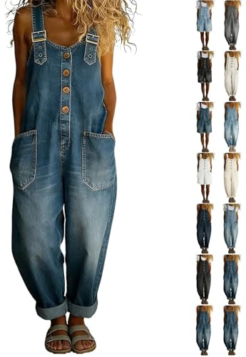 Générique Salopette En Jean Pour Femme - Sans Manches Coupe Ample Vintage En Denim De Lavé Combinaisons à Jambes Larges Conception De Boutons Et Bretelles Réglables Avec Poches Décontracté Pantalon