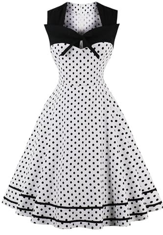 AXOE Femme Robe Vintage Années 50 Pin up Rockabilly Coton Guinguette Soirée Mariage Blanche à Pois Noir, Taille 50, 4XL