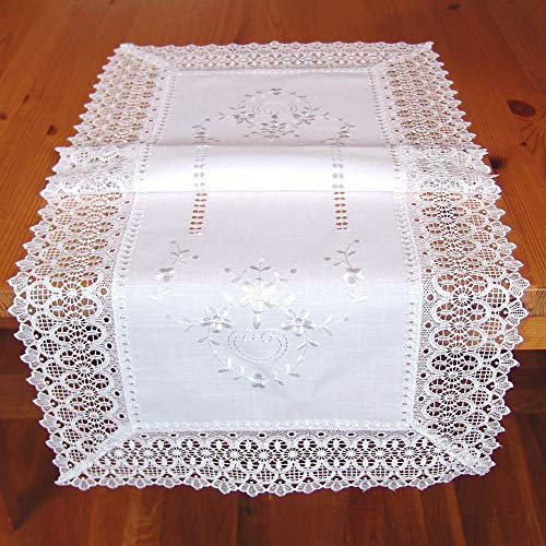 matches21 HOME & HOBBY Tischläufer CORA 40 x 90 cm weiß mit Stickerei & Spitze Landhausstil Mitteldecke Vintage Polyester