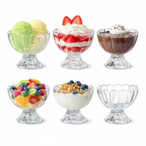 KMwares 6-teiliges Set, 142 ml, kleine süße Dessertschalen/-becher aus Glas mit Fuß – perfekt für Dessert, Eisbecher, Eis, Obst, Salat, Snacks, Cocktail, Gewürze, Kleinigkeiten und Weihnachtsfeiertage
