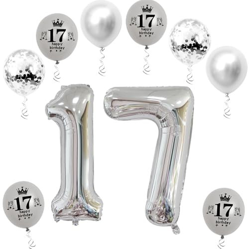 XL Folienballon 17 Geburtstag, Folienballon Zahl 17, Zahl 17 Silber, Luftballons Zahl 17, Nummer 17 Luftballon Silber, 32 Geburtstagsdeko Ballon 17