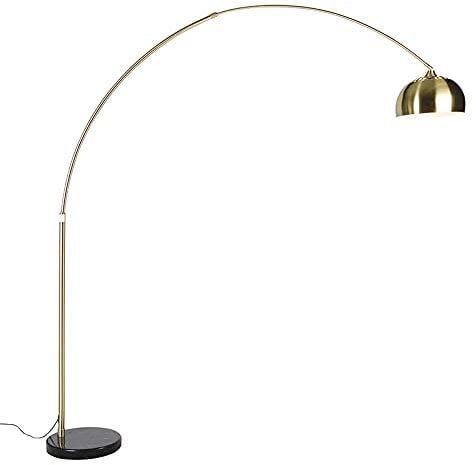 Qazqa - Modern Bogenleuchte I Bogenlampe I Lampe I Leuchte Messing mit schwarzem Marmorsockel und Messingschirm - XXL I Wohnzimmer I Schlafzimmer - Stahl Länglich - LED geeignet E27