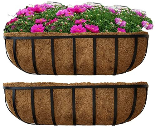 2 Packungen Pflanzkasten für Deckgeländer, 61 cm, schwarzer Metall-Hänge-Pflanzkorb mit Kokosfaser-Auskleidung, Metall, Fenster, Pflanzgefäß, Blumentöpfe