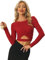 Allegra K Disfraz de Navidad para Mujer Blusas con Purpurina Twist Manga Larga Recortada en la Parte Delantera Slim Fit Crop Top Rojo M