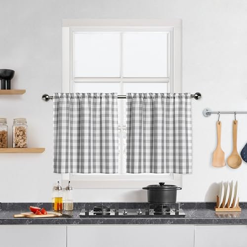 Lot de 2 rideaux de cuisine à carreaux gris et blanc, 76,2 cm de long, 71,1 cm de large x 76,2 cm de long, argenté/gris
