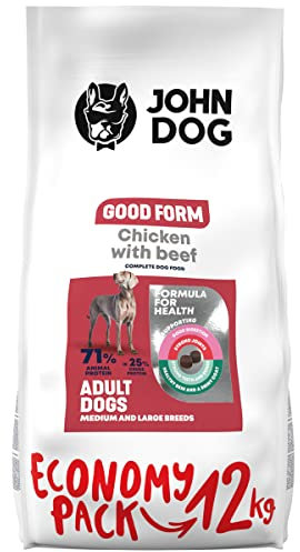 JOHN DOG Trockenfutter für Hunde - Good Form Huhn mit Rind - Getreidefrei - Hundefutter für Erwachsene Aller Rassen - 12kg