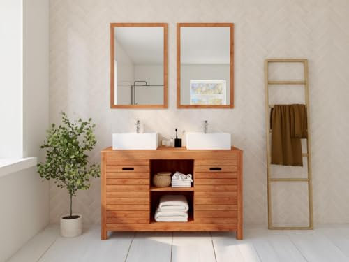 Vente-unique-Mueble de baño de Madera de Acacia con Doble Lavabo y Espejos - 130 cm - PULUKAN