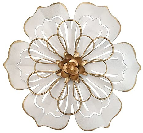 Picfarce Metallblumen-Wandkunst, 24.1 cm, rustikale, moderne Blumenskulptur, abgenutzte Eisen-Wandbehang, Heimdekoration, Garten, Terrasse (Schwarz Gold) (06 – – – Weiß & Gold)