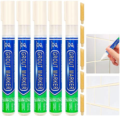 5 Pcs Tiles Grout Pen, Tile Grout Pen Beige Wall Repair Pens, Tile Grout Reviver Pens for Tile Grout Wall Floor Bathrooms and Kitchen Restoring Grout Joints