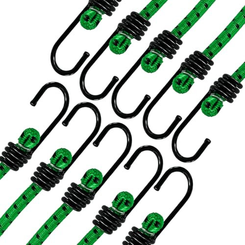 ANSIO Bungee Cords with Hooks 32-80cm Pack of 10 UV-Resistant Elastic Straps Ideal for Securing Luggage, Racks,Camps, Motorcycle, Tarps,Garden Furniture, Hand Truck,DIY Storage Multi-Purpose-Green