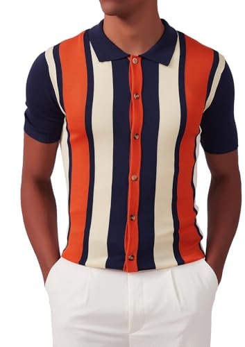 Kallspin Men's Vintage Knit Polo Shirt Short Sleeve Striped Button Down Knitting Golf Shirts(Navy Medium)