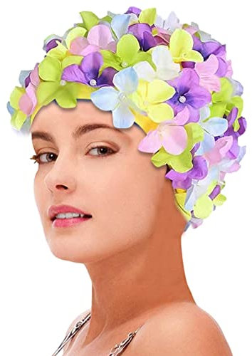 ulapithi Bonnets de Bain pour Femmes Bonnet de Bain Fleur Vintage Bonnet de Bain pétale Floral - Bonnets de Bain de Style rétro pour Femmes, Cheveux Longs et Courts, Chapeau de Natation pour Parcs