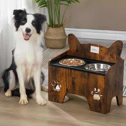 Hzuaneri Erhöhte Hundenäpfe, Erhöhter Hundenapf, Hundenapfständer mit 2 Edelstahlnäpfen, Auslaufsicheres Hundenapf-Set, Futternäpfe, für Kleine Mittlere Große Hunde, Vintagebraun und Schwarz PB07101B