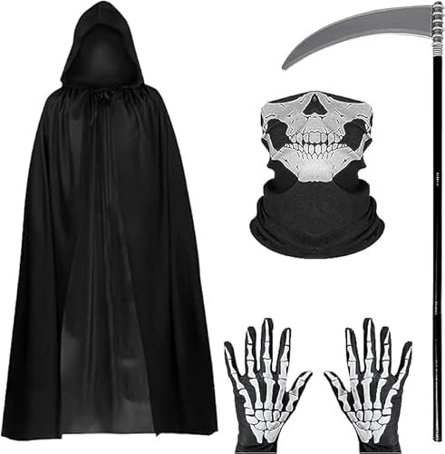 Costume d'Halloween, Costume de Faucheuse, Cape de Velours à Capuche, Cape à Capuche Noire de 150 cm,Masque de Crâne, Gants Fantômes,Faux de Faucheuse Amovible,Costume d'Halloween de Faucheuse Sombre