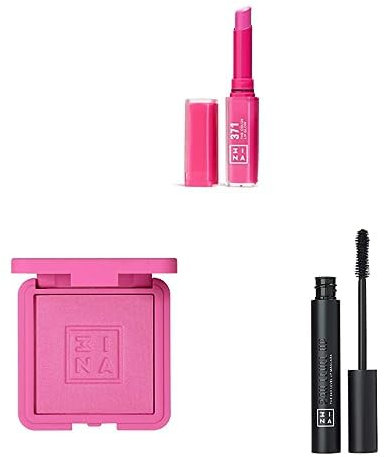 3INA MAKEUP - The Color Lip Glow 371 + The Blush 371 + The 24h Level Up Mascara 900 - Rosetto Fucsia Burroacaco di Karite - Fard in Polvere Mineralizzato - Mascara Nero Ciglia - Vegan - Cruelty Free