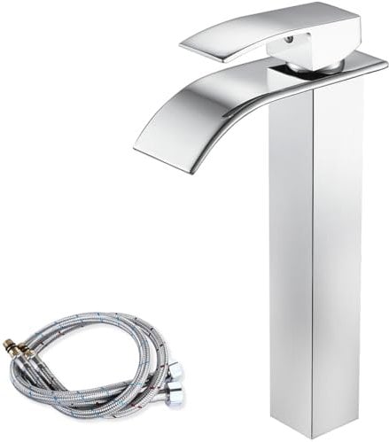 Maynosi Waschtischarmatur Hoch, Wasserfall Wasserhahn Waschbecken für Badezimmer, Mischbatterie Armatur mit Auslauf Höhe 215 mm, Einhandmischer Waschtischarmaturen, Moderner Stil (Chrom)