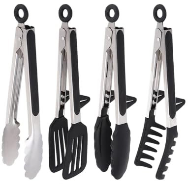 Kitchen tongs for cooking and picking up food, Set of 4 pcs, Silicone tip, ideal kitchen tools & gadgets for Grill, BBQ, frying, air fryer, pasta, salads, serving all types of food with resting gadget