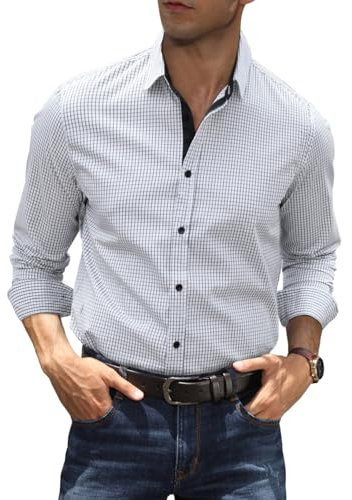 Elegancity Mens Dress Shirt Plaid Cotton Business Formal Shirts Regular-Fit Wrinkle-Free Long Sleeve Button Down Casual Shirts (Black, X-Large)