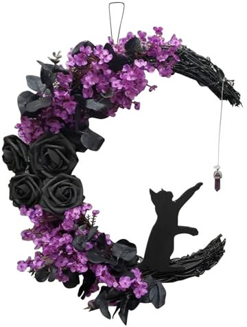 Ghirlanda Di Rose Nere Finte, Pianta Di Halloween, Luna Piegata, Anello Di Vite Di Gatto, Decorazioni For La Casa, Ghirlanda Da Appendere Alla Parete