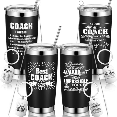 FoldTier 4 Sets Coach Gifts Best Coach Ever Stainless Steel Tumbler Coffee Mug with Keychain 20 oz Coaches Appreciation Gift Travel Tumbler for Soccer Volleyball Basketball Football Coach (Black)