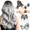 Graue Perücke Damen Lang, 7tlg Perücke Frauen Kostüm Set, Ombre Silber Grau Lang Lockig, Grau Lange Wellte Lockige Haare mit Schmuck Spitze Maske Lace Handschuhe für Cosplay, Karneval und Themenpartys