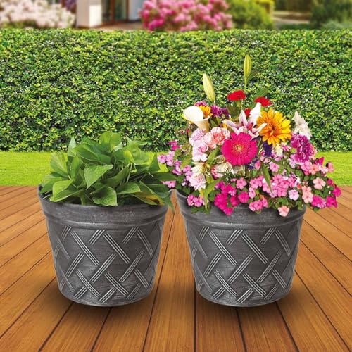 My Garden Plant Flower Pot Set of 2 Indoor & Outdoor 30CM Plastic Plant Pots With Drainage Holes Lightweight Easy To Move Plant Pots Garden Decoration Herb Orchid Planting Pot (Rustic Silver Effect)