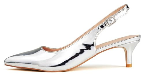 GENSHUO Escarpins à Bride arrière pour Femmes, Bout Pointu, Bride à la Cheville à Talon Chaton, Chaussures habillées élégantes et Confortables, Peinture argentée, 40 EU