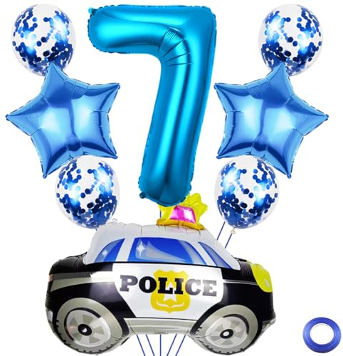Kawailay 7 Jahr Polizei Geburtstag Luftballons 7. Polizei Geburtstag Deko Polizist 7. Geburtstag Deko Ballons Polizeiauto Folienballon Blau Zahl 7 Luftballon für Junge Geburtstag Party
