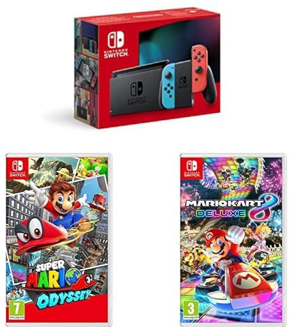 Nintendo Switch Neon + Super Mario Odyssey + Mario Kart 8