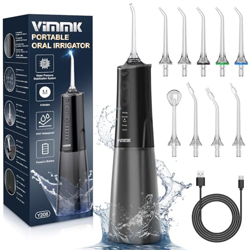 VIMMK Water Flosser, Cordless Water Dental Flosser, 9 Jet Tips 5 Modes 300ML IPX7 Waterproof, Portable Rechargeable Oral Irrigator for Home Travel - Gums, Orthodontic, Braces Care