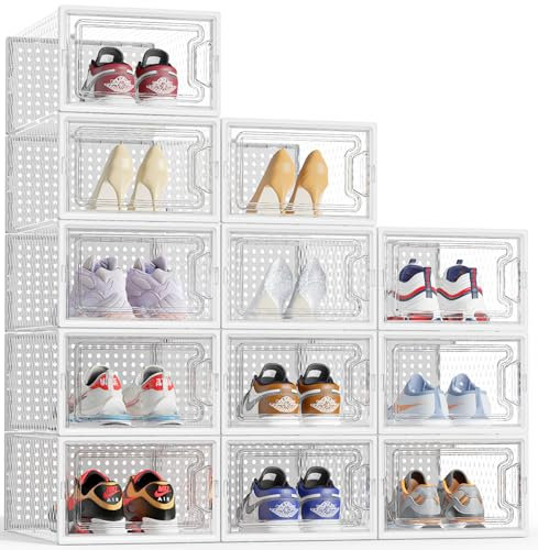 HOMIDEC Boîtes à Chaussures,12 pcs Rangement Chaussures Plastique Transparent Boite Rangement Conteneurs pour Organisateur de Chaussures avec Couvercles 33.2x 23.5 x 14.5cm