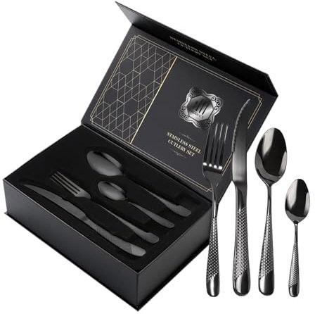 VIQWYIC Juego de cubiertos de 24 piezas, cubiertos martillados, cuchillo de acero inoxidable, tenedor, cuchara, juego de cubiertos para 6 personas, modernos cubiertos de plata para