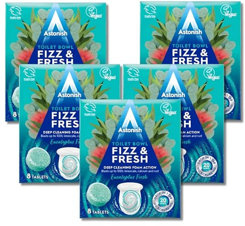 Astonish Fizz and Fresh Toilet Bowl Tablets, Eucalyptus Fresh - Pack of 5, (8 Tablets per Pack), Effervescent Cleaning and Deodorizing Solution for Sparkling Clean and Fresh-Scented Toilets