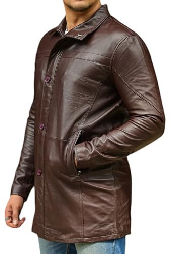 Jild Leder-Trenchcoat für Herren, 3/4-Länge, lässiger Auto-Mantel, Lammfell, lange Lederjacke für Herren, Braunes Bristol, 4X-Large
