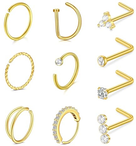 NIUSIMAN Nasenpiercing Gold,Nasenpiercing ring Chirurgenstahl 10 Stück 20G Kleine Nasenstecker Ring Set Chirurgenstahl Nasenpiercing Schmuck 2mm 2.5mm Klar CZ Silber