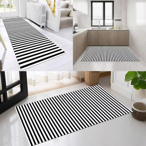 AAKSUS Läufer Flur Küche Waschbar rutschfest 70x180cm Modern Gestreift Schwarz Weiß Lang Küchenteppich Flurteppich Teppich Fur Korridor Wohnzimmer Schlafzimmer Meterware Anpassbar