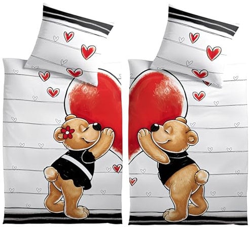 Leonado Vicenti 4-teiliges Bettwäsche Set - Partnerbettwäsche weiß grau mit Bären und Herzen 2X 135x200 cm Deckenbezug 2X 80x80 cm Kissenbezug, bügelfrei atmungsaktiv