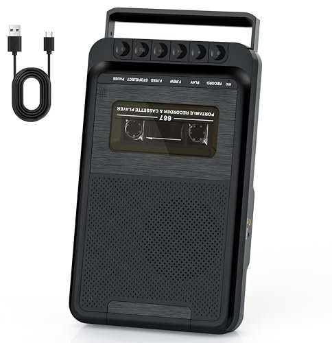 Portable Cassette Player, Cassette Tape Recorder via Bluit-in Microphone, Supports External Microphone Input, Cassette Tape Player Recorder with Retractable Handle,Headphone Jack,Big Speaker