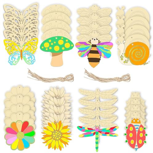 ZYETGH Holzanhänger zum Bemalen, 40 Stück Holzanhänger Holztiere mit Loch und Schnur Holz zum Bemalen Holzblumen für DIY Kinder Malen Handwerk Deko