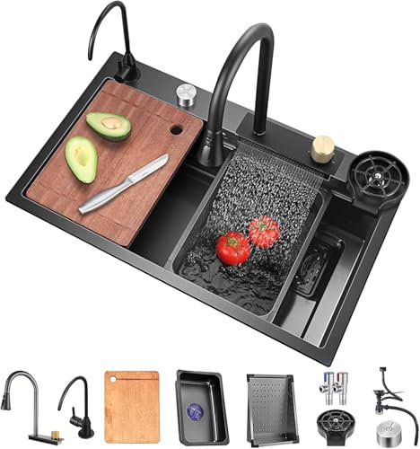 LYFDPN Fregadero de Cocina en Cascada de un Solo Cuenco, Fregadero de Barra de Acero Inoxidable Gris con Accesorios para estación de Trabajo (70cm)