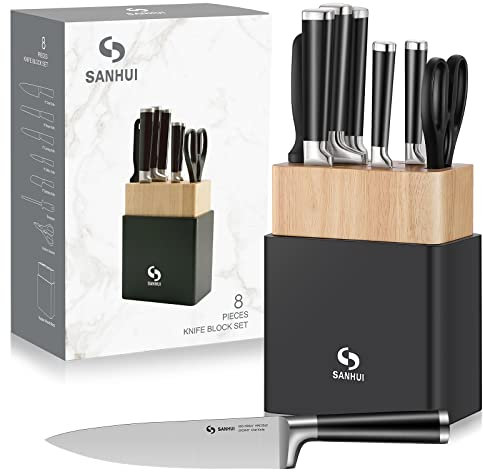 SANHUI 8 PCS Kitchen Knife Sets with Wooden Block Stainless Steel Knife Block Set with Chef Knife, Bread Knife, Santoku Knife, Carving Knife, Utility Knife, Kitchen Scissors and Sharpener
